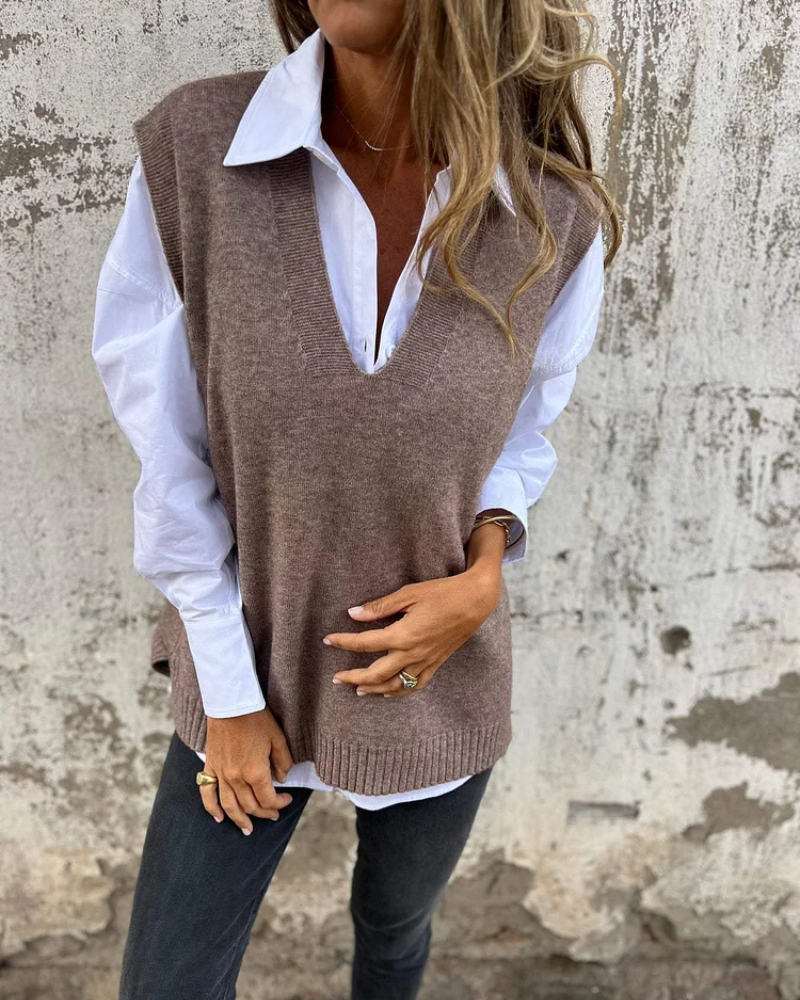 Colete Feminino de Tricô Gola V Oversized Cléo