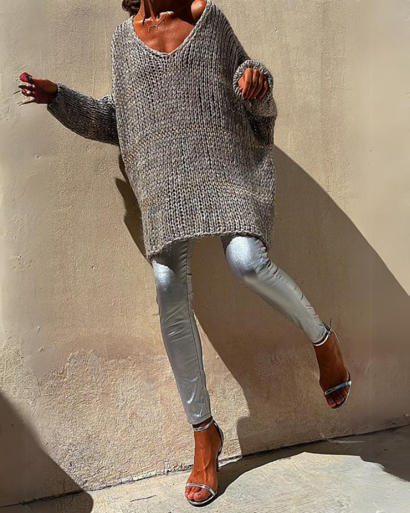 Suéter Feminino de Tricô – Oversized com Trama Aberta e Decote V Wendy
