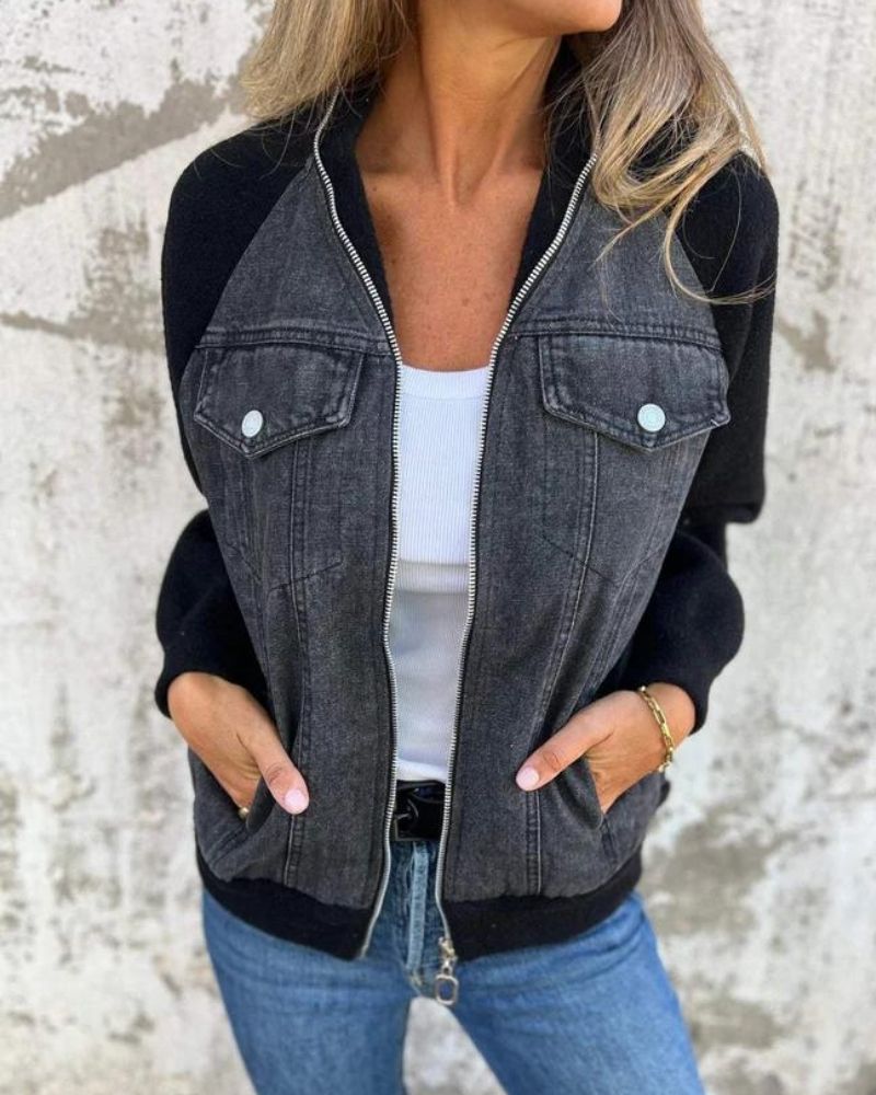 Jaqueta Feminina com Recorte Jeans e Mangas de Malha Anita
