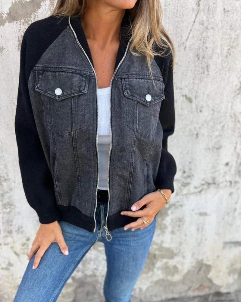 Jaqueta Feminina com Recorte Jeans e Mangas de Malha Anita