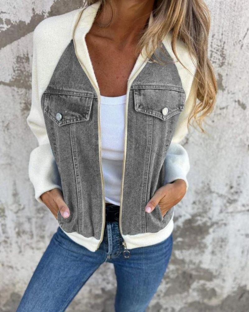 Jaqueta Feminina com Recorte Jeans e Mangas de Malha Anita