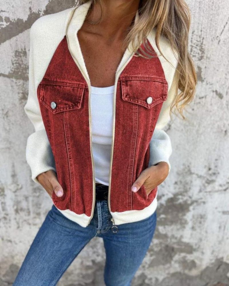 Jaqueta Feminina com Recorte Jeans e Mangas de Malha Anita