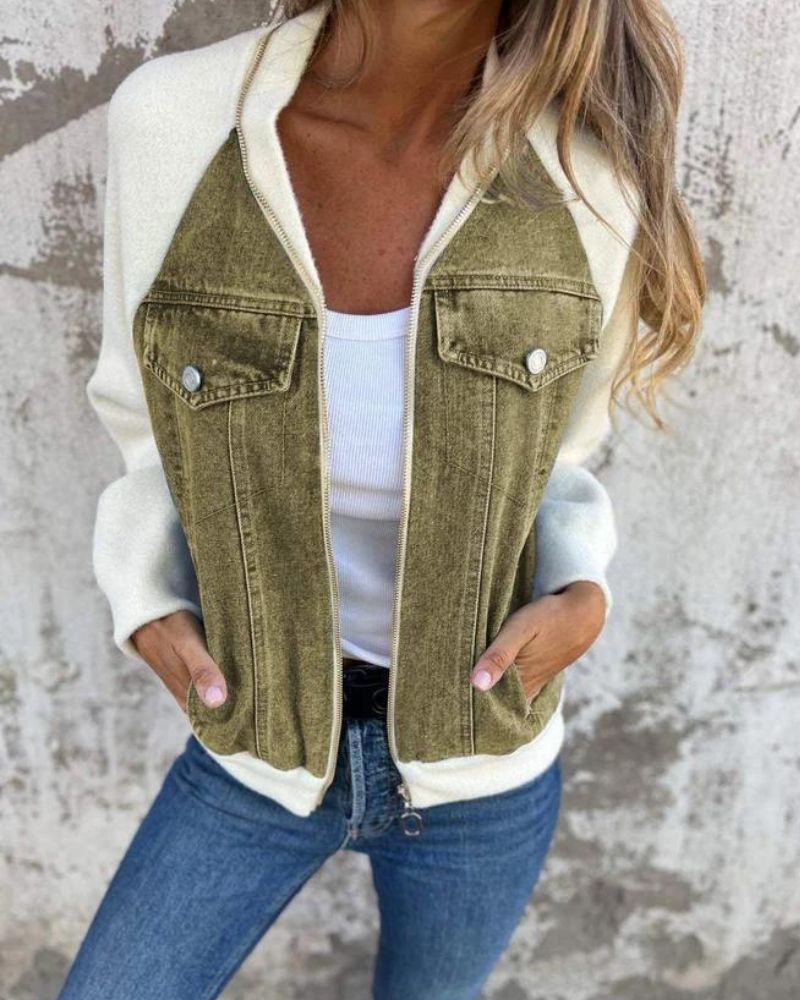 Jaqueta Feminina com Recorte Jeans e Mangas de Malha Anita