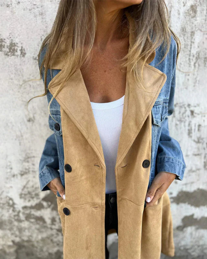 Sobretudo Feminino Bicolor Jeans e Suede Marina