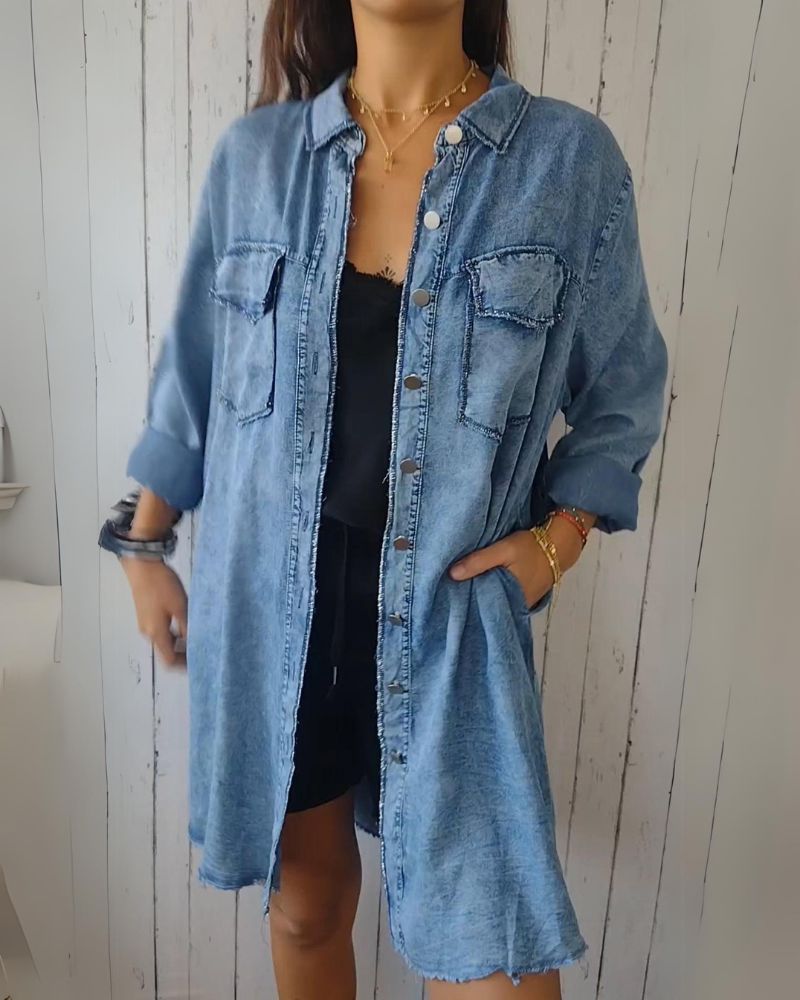 Camisa Jeans Oversized Feminina com Bolsos Frontais Elisa