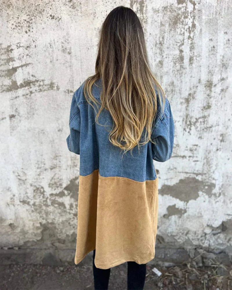 Sobretudo Feminino Bicolor Jeans e Suede Marina
