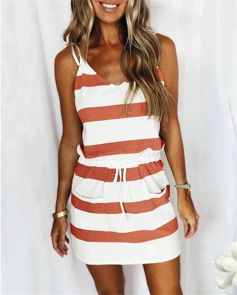 Vestido Feminino Listrado Regata Alça e Bolso