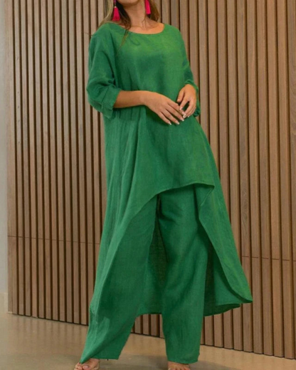Conjunto Feminino Linho Blusa Longa e Calça Solta Geovana