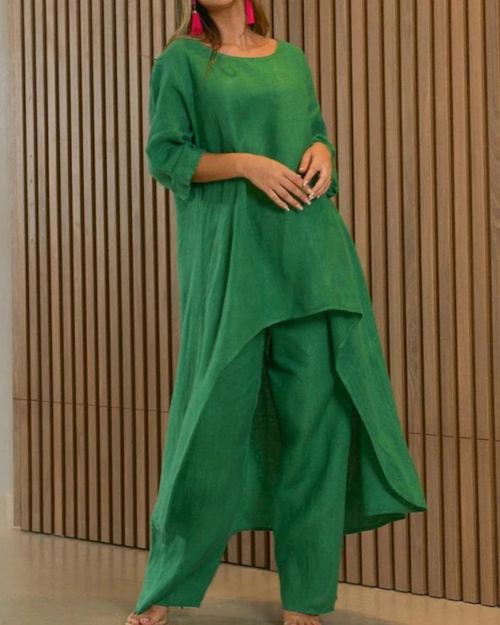 Conjunto Feminino Linho Blusa Longa e Calça Solta Geovana