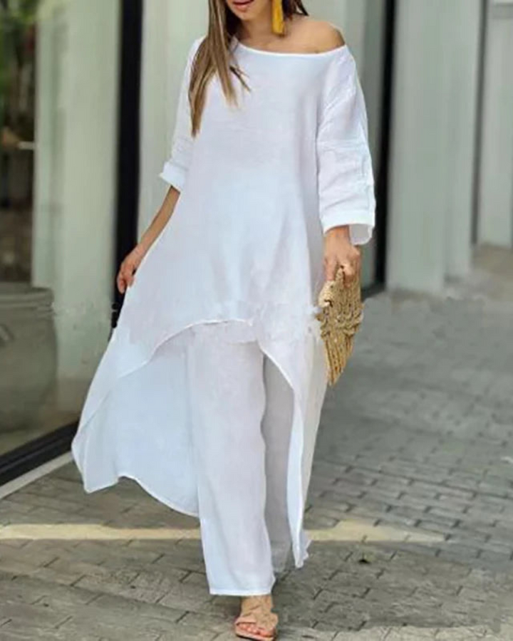 Conjunto Feminino Linho Blusa Longa e Calça Solta Geovana