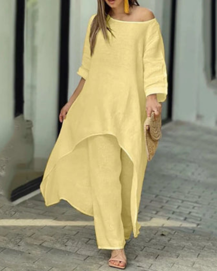 Conjunto Feminino Linho Blusa Longa e Calça Solta Geovana