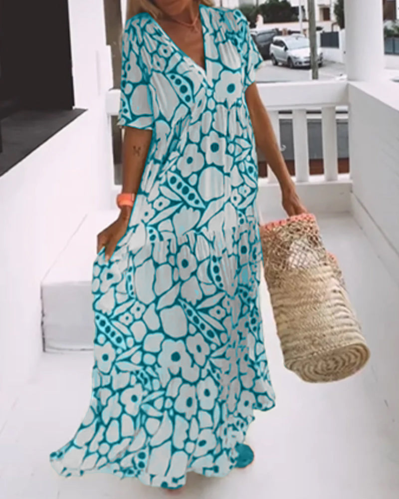 Vestido Longo Estampado com Decote em V