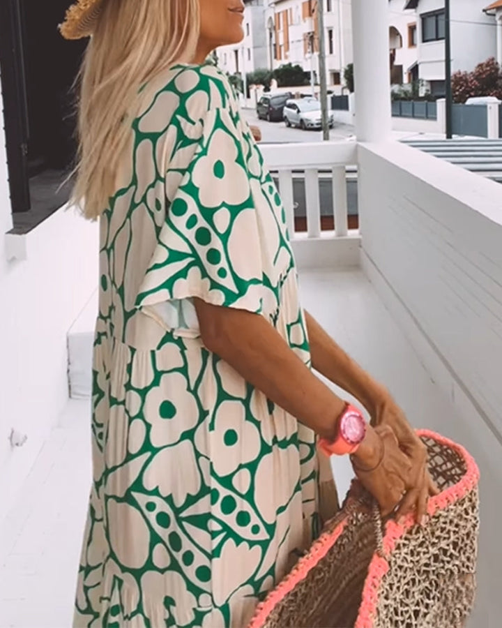 Vestido Longo Estampado com Decote em V