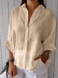 Camisa casual feminina de algodão e linho de cor sólida