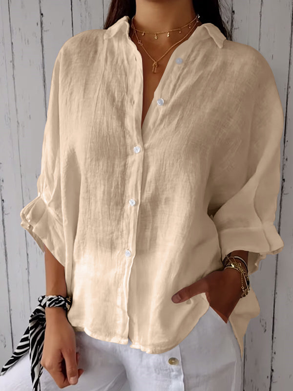Camisa casual feminina de algodão e linho de cor sólida