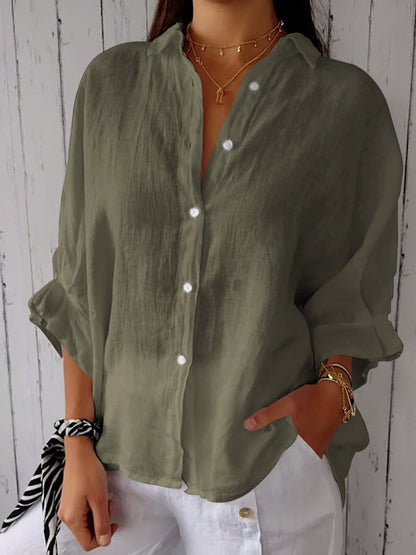Camisa casual feminina de algodão e linho de cor sólida