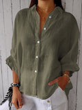 Camisa casual feminina de algodão e linho de cor sólida