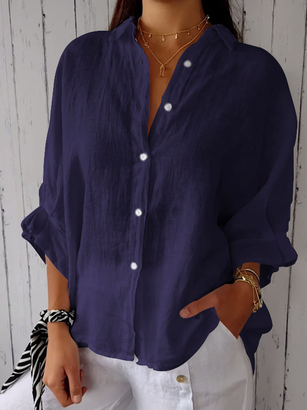 Camisa casual feminina de algodão e linho de cor sólida