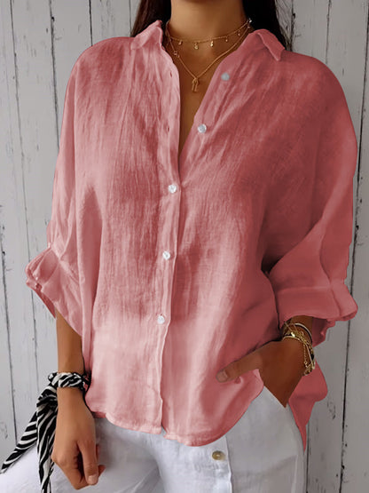 Camisa casual feminina de algodão e linho de cor sólida