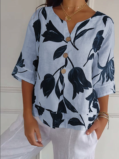 Camisa casual feminina de algodão e linho com estampa