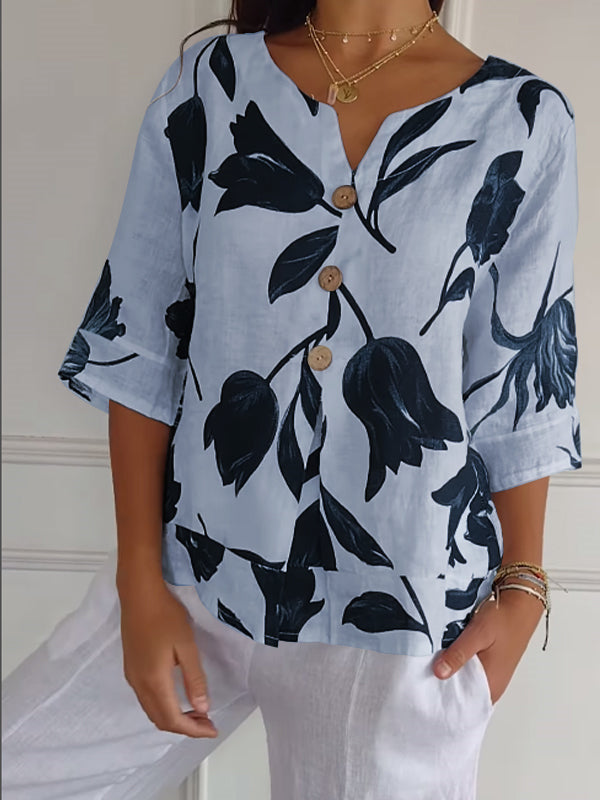 Camisa casual feminina de algodão e linho com estampa