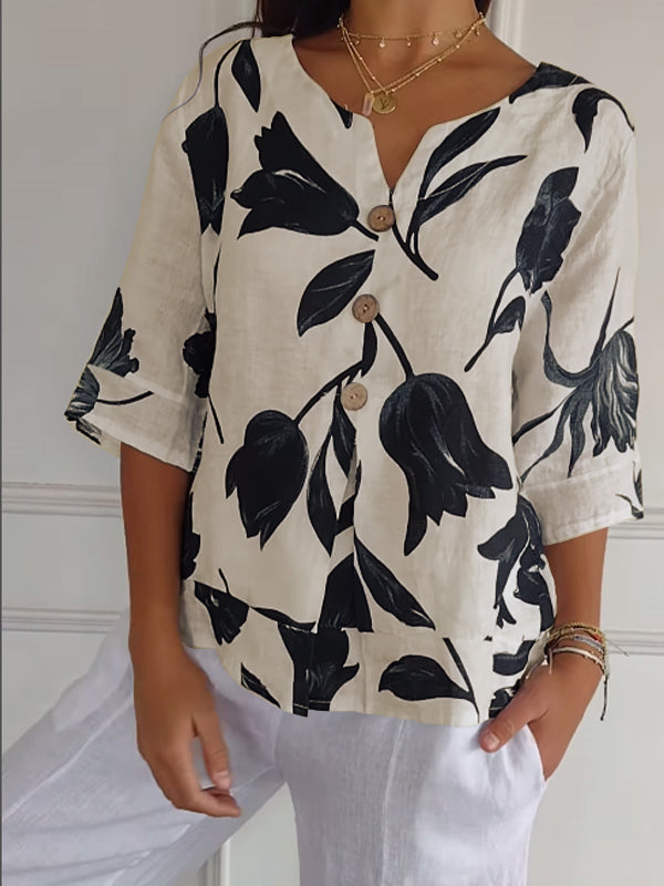 Camisa casual feminina de algodão e linho com estampa