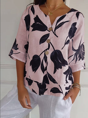 Camisa casual feminina de algodão e linho com estampa