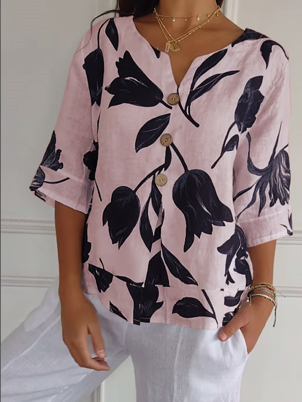 Camisa casual feminina de algodão e linho com estampa