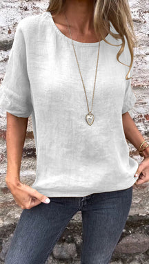 Blusa de Algodão e Linho com Gola Redonda e Mangas Curtas de Cor Sólida