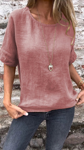 Blusa de Algodão e Linho com Gola Redonda e Mangas Curtas de Cor Sólida
