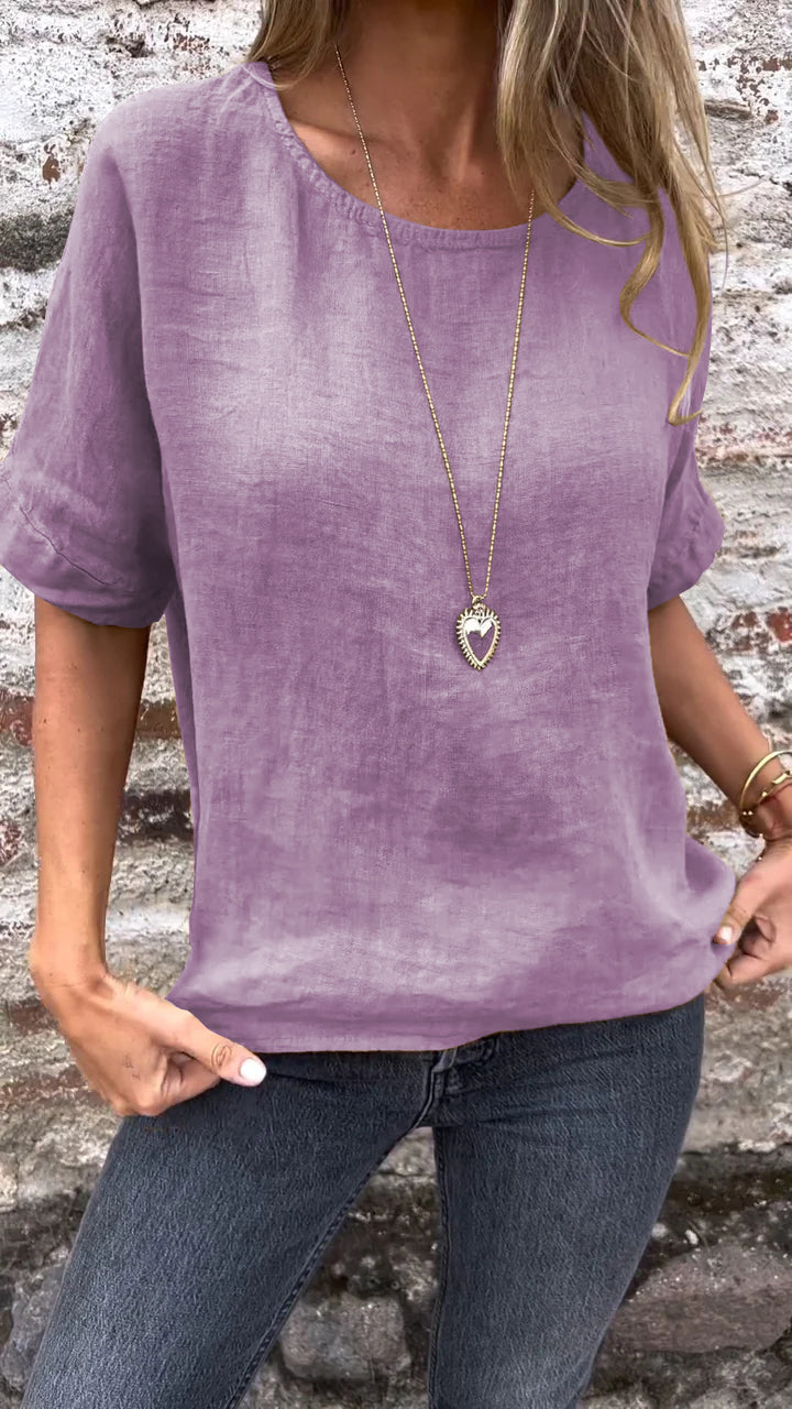 Blusa de Algodão e Linho com Gola Redonda e Mangas Curtas de Cor Sólida