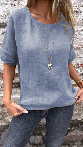 Blusa de Algodão e Linho com Gola Redonda e Mangas Curtas de Cor Sólida