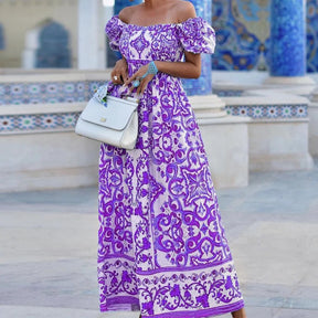 Vestido Feminino Longo Estampado Ombro a Ombro