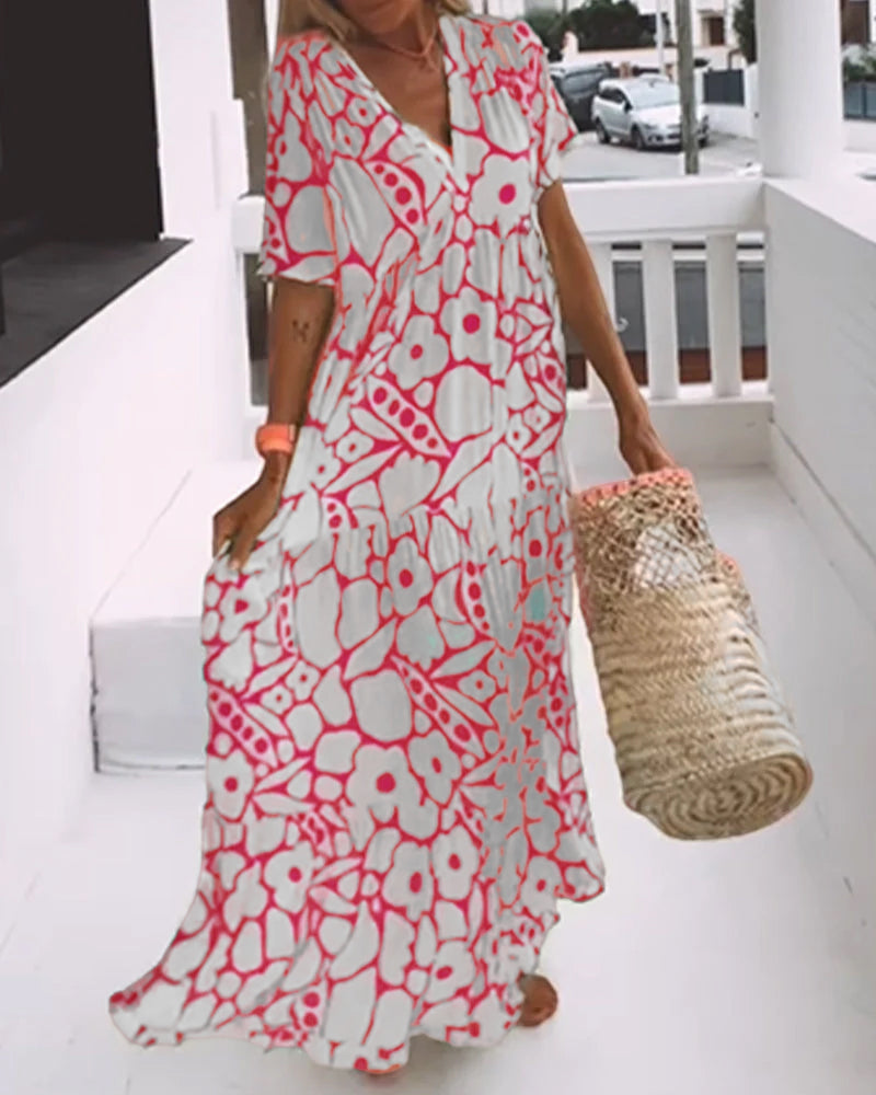 Vestido Longo Estampado com Decote em V