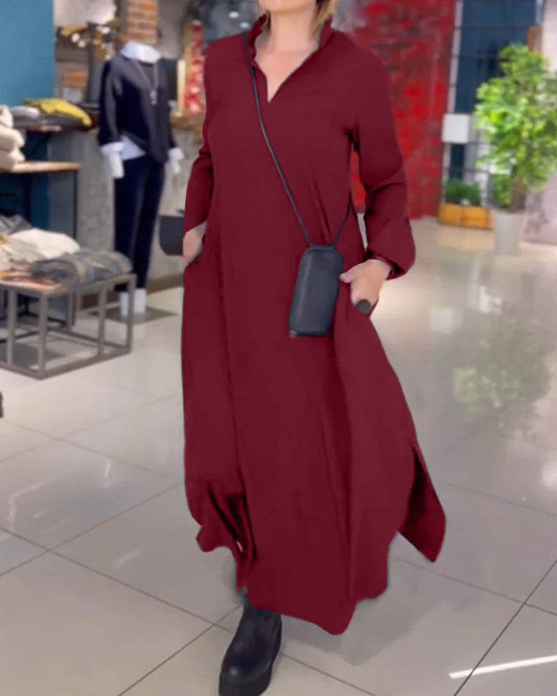 Vestido Longo Estilo Solto com Lapela e Fenda Lateral