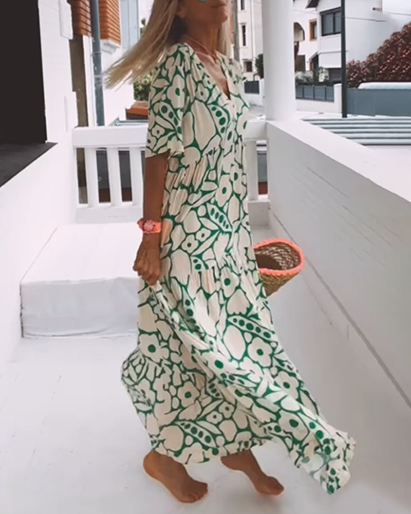 Vestido Longo Estampado com Decote em V