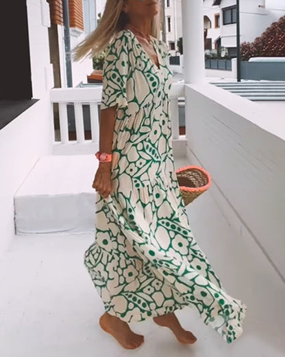 Vestido Longo Estampado com Decote em V