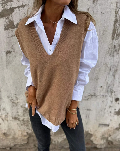 Colete Feminino de Tricô Gola V Oversized Cléo