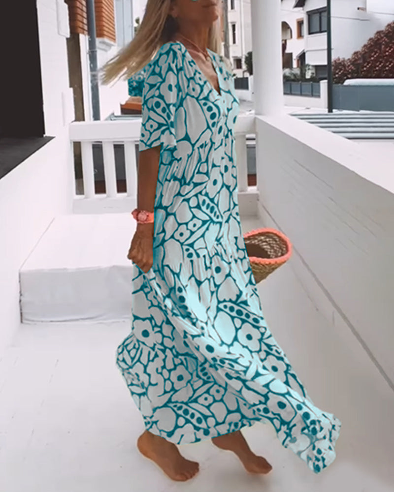 Vestido Longo Estampado com Decote em V