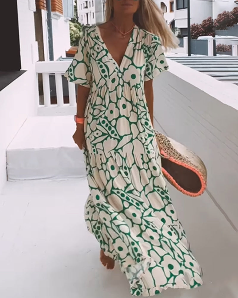Vestido Longo Estampado com Decote em V