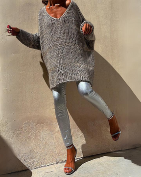Suéter Feminino de Tricô – Oversized com Trama Aberta e Decote V Wendy