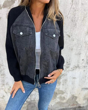 Jaqueta Feminina com Recorte Jeans e Mangas de Malha Anita