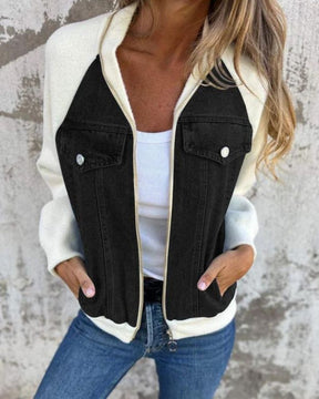 Jaqueta Feminina com Recorte Jeans e Mangas de Malha Anita