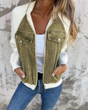 Jaqueta Feminina com Recorte Jeans e Mangas de Malha Anita