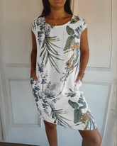 Vestido Estampado de Gola Redonda em Algodão