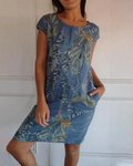 Vestido Estampado de Gola Redonda em Algodão