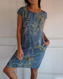 Vestido Estampado de Gola Redonda em Algodão