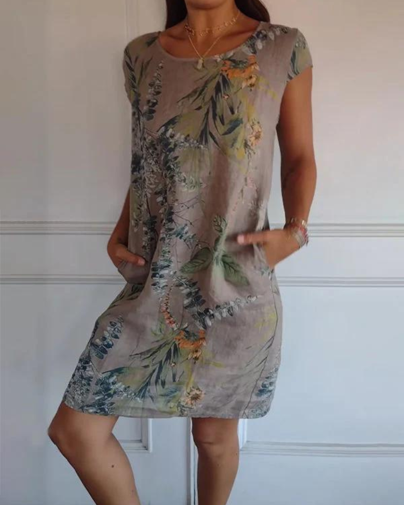 Vestido Estampado de Gola Redonda em Algodão