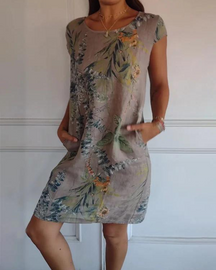 Vestido Estampado de Gola Redonda em Algodão