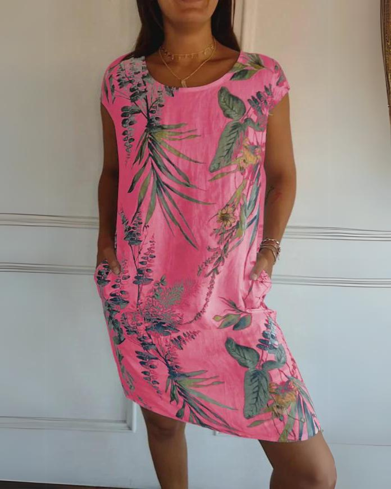 Vestido Estampado de Gola Redonda em Algodão